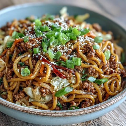 Close-up of a vibrant skillet filled with Korean Turkey Fried Noodles, featuring browned ground turkey tossed with noodles and colorful veggies like red bell pepper and Napa cabbage.
