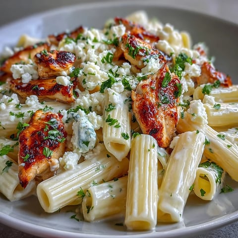 Creamy Lemon Feta Chicken Pasta is served warm in a bowl, featuring golden seared chicken, penne, and crumbled feta with fresh parsley.