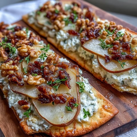 A close-up of Goat Cheese & Pear Flatbread with golden edges, creamy cheese, and a hot honey drizzle.