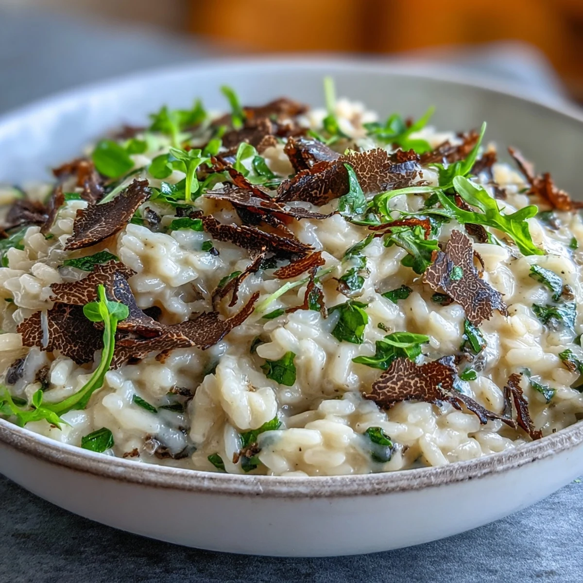 Creamy Truffle Risotto topped with fresh pea shoots in a white ceramic bowl, drizzled with rich truffle oil.