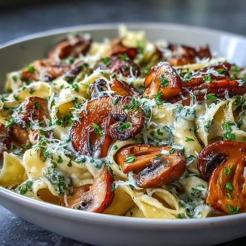 A close-up of One-Pot Creamy Mushroom Pasta with Thyme served in a rustic bowl, showcasing silky pappardelle coated in a velvety cream sauce.