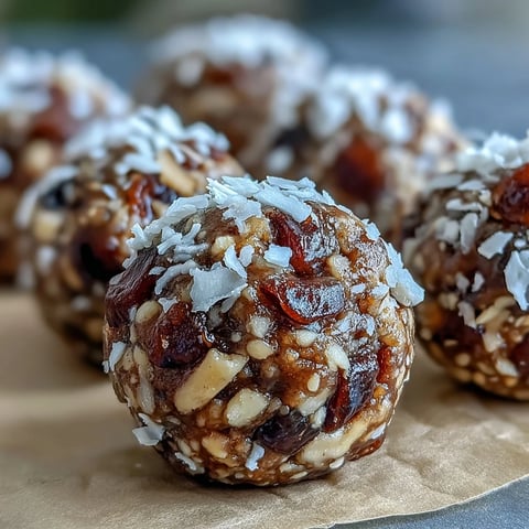Freshly rolled Tahini-Date Energy Balls coated in shredded coconut on a tray, ready to chill and eat.