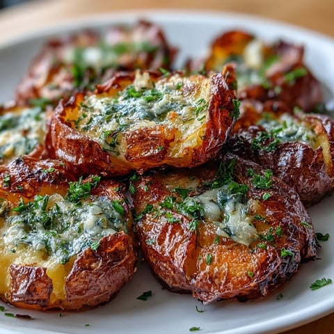 Golden-brown smashed garlic & herb potatoes fresh from the oven, garnished with fresh parsley and chives. 