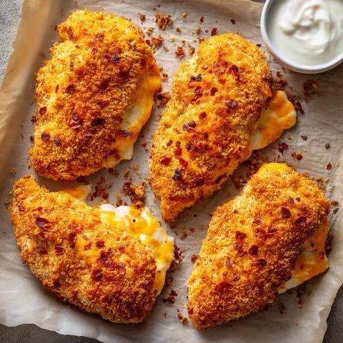 A plate of breaded chicken with cheese and bacon.