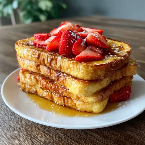 A stack of French toast with strawberries on top.