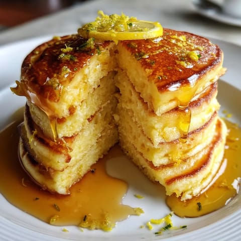 A stack of pancakes with lemon wedges on top.