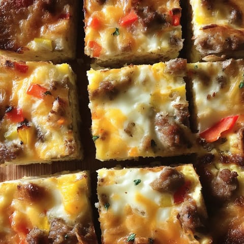 A square of food with a slice of cheese and peppers.