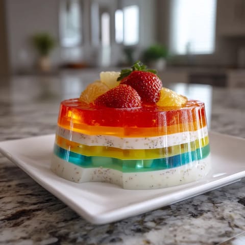 A colorful cake with fruit on top.