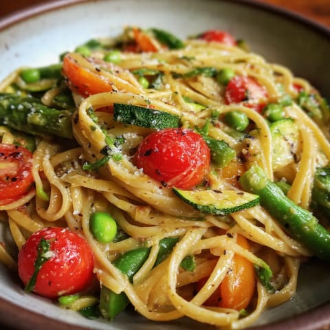 A bowl of pasta with tomatoes, peas, and zucchini.