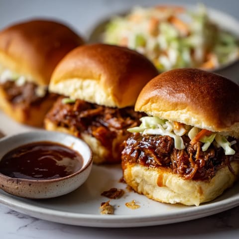 A plate of barbecue sandwiches with coleslaw on the side.