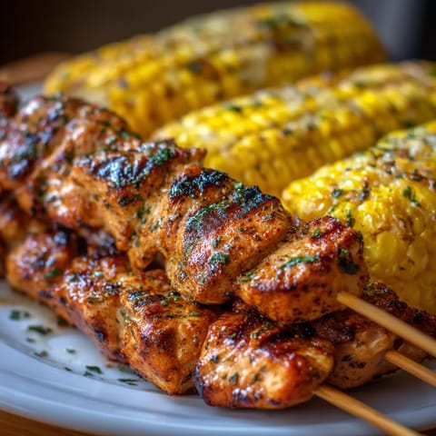 A plate of food with chicken, corn, and peppers.