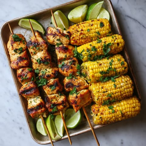 A tray of food with corn on the cob and chicken skewers.