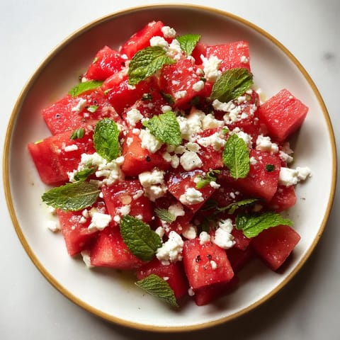 A plate of watermelon with feta cheese.