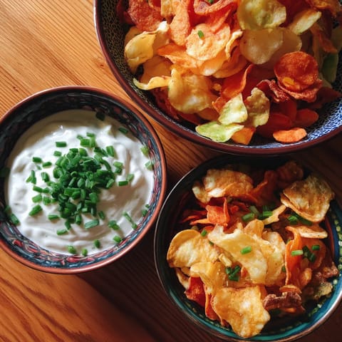 Two bowls of chips and dip on a table.