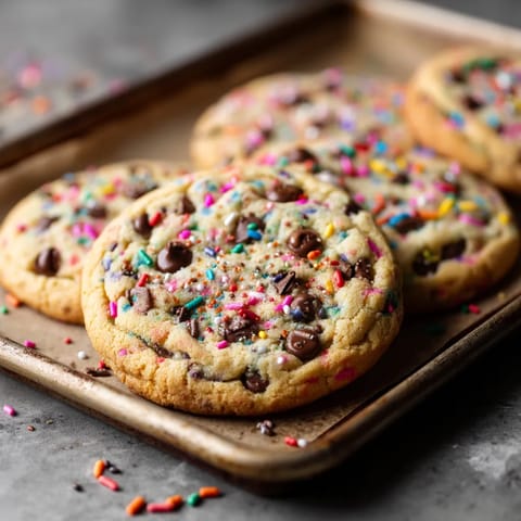 A pan of chocolate chip cookies with sprinkles.