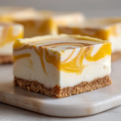 A slice of cheesecake with a yellow swirl.