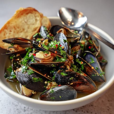 A bowl of mussels with a spoon.