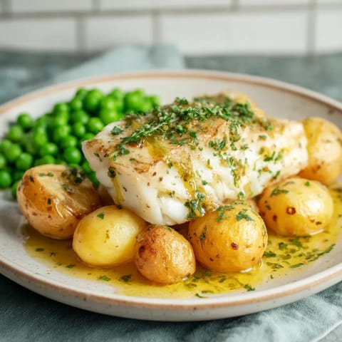 A plate of fish with potatoes and peas.