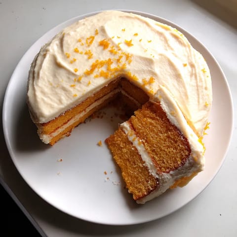 A slice of orange cake on a plate.