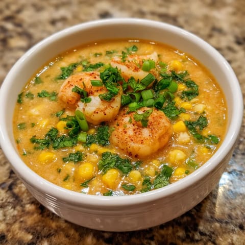 A bowl of soup with shrimp and corn.