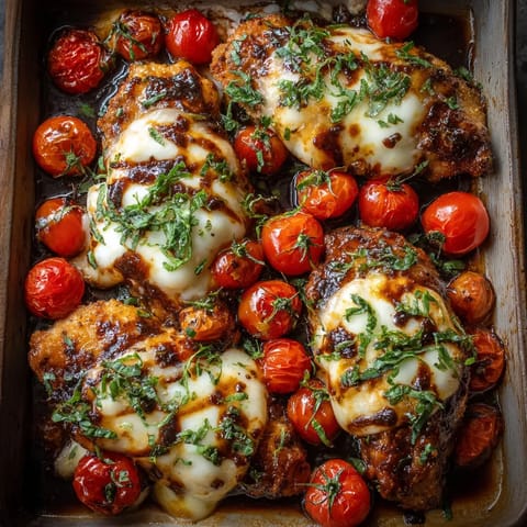 A pan of chicken with tomatoes and cheese.