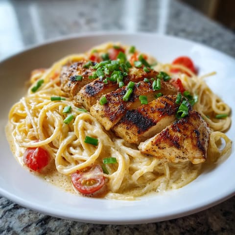 A plate of spaghetti with chicken and tomatoes.