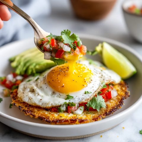 A person is eating a breakfast plate with eggs, salsa, and avocado.