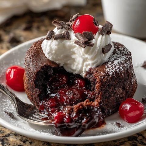 A chocolate cake with white frosting and cherries.