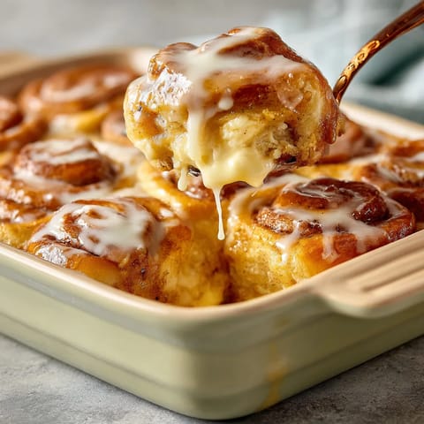 A fork is dipping into a plate of cinnamon rolls.