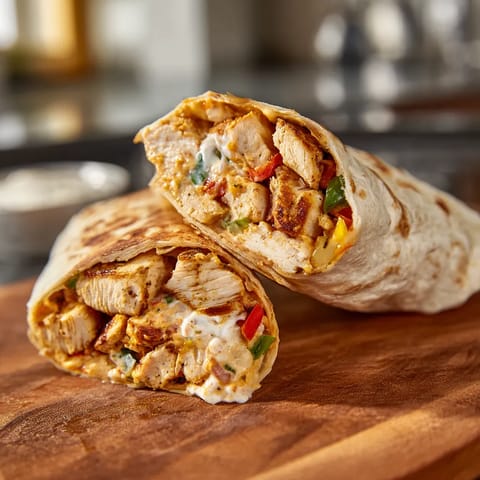 A chicken burrito on a cutting board.