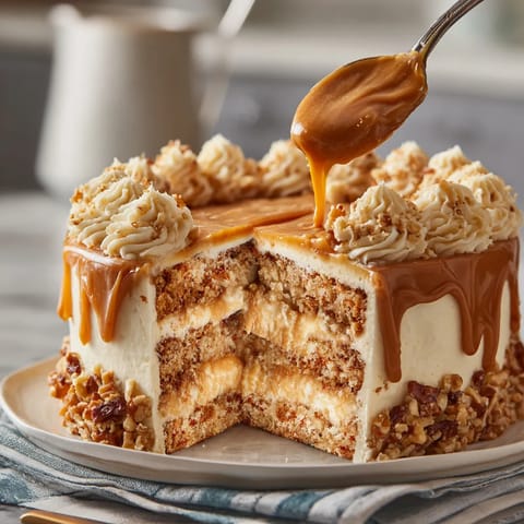 A slice of cake with caramel drizzled on top.