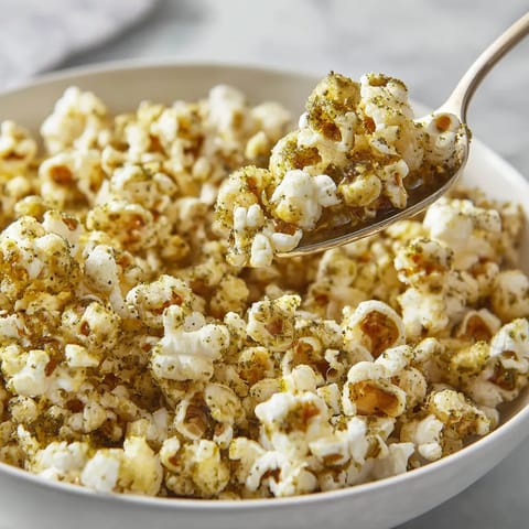 A spoon is scooping popcorn from a bowl.