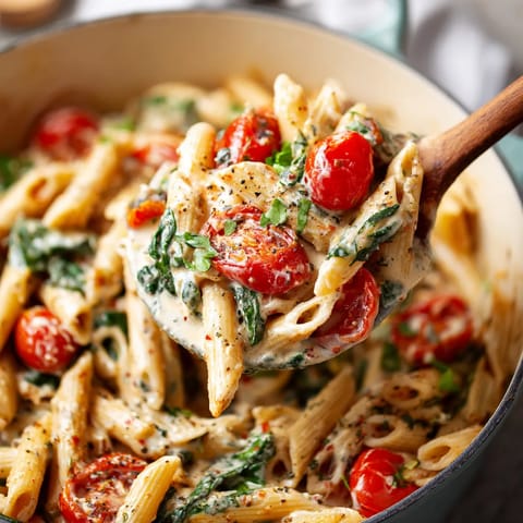 A bowl of pasta with tomatoes and spinach.