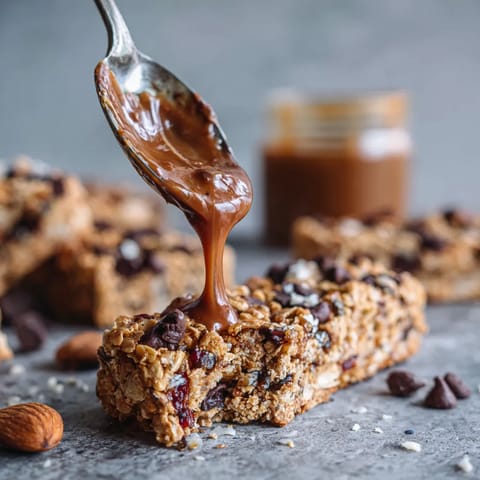 A spoonful of chocolate syrup on a granola bar.