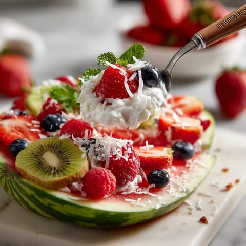 A fork is being used to eat a fruit salad.
