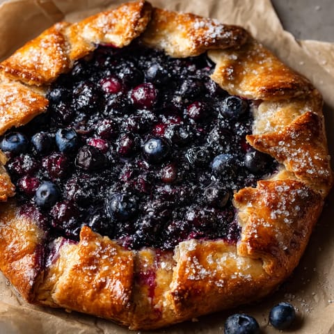 A blueberry pie with a blueberry in the center.