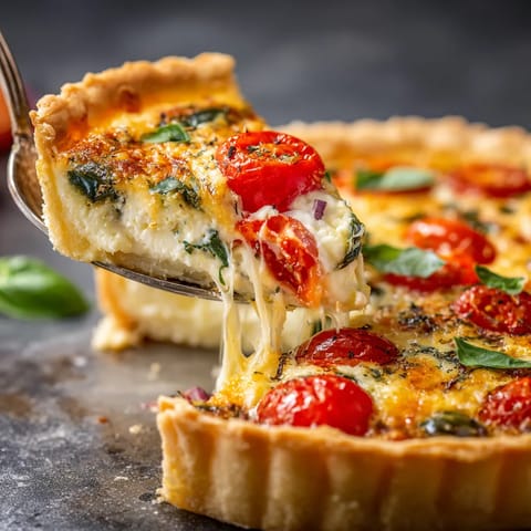 Une pizza avec des tomates et des herbes.