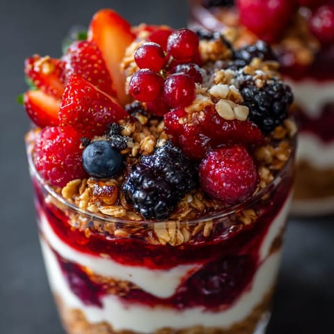 A glass of fruit with strawberries, blueberries, raspberries, and blackberries.