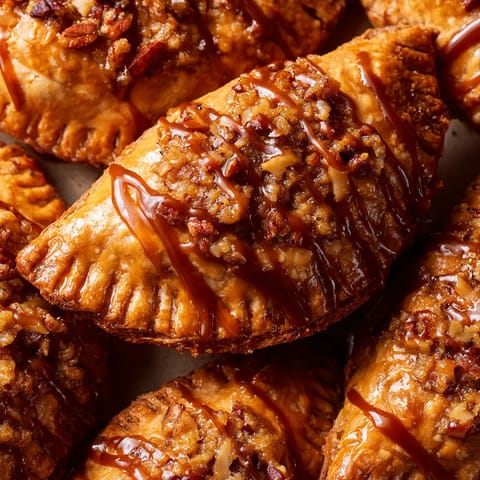 A close up of a pastry with caramel drizzled on top.