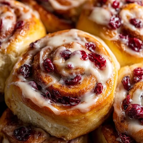 A plate of cinnamon rolls with red berries on top.