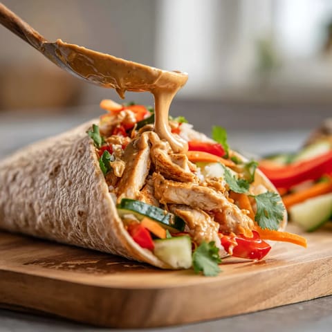 A sandwich with meat and vegetables on a wooden cutting board.