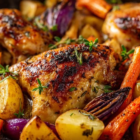 A close up of a delicious meal of chicken, potatoes, carrots and onions.