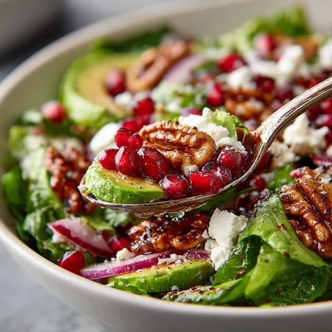 A bowl of salad with a spoon in it.