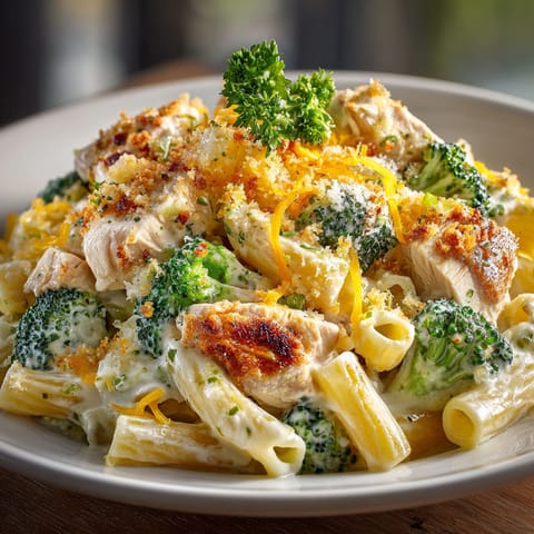 A delicious one-pot chicken and broccoli pasta bake.