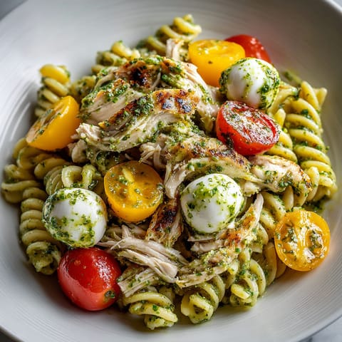 A plate of pasta with chicken and tomatoes.