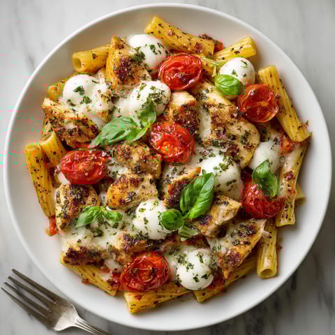 A plate of chicken and pasta.