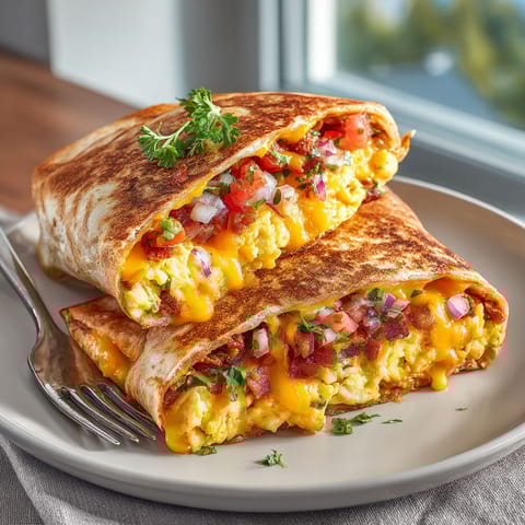 A breakfast burrito grilled cheese sandwich.