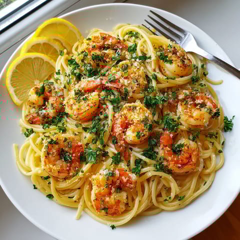 A plate of pasta with shrimp and lemon.