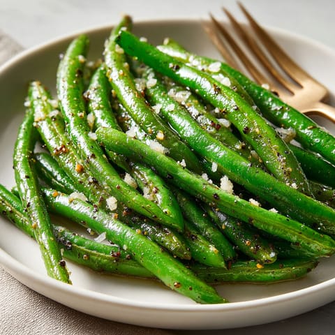 A plate of green beans with salt and pepper.