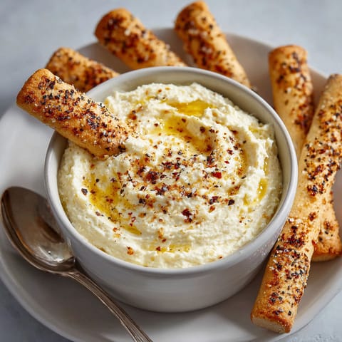 A bowl of creamy garlic alfredo dip with a spoon in it.